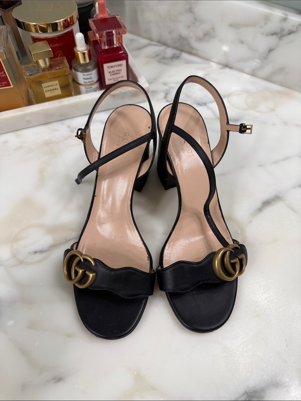 Gucci Black Leather Slingback Sandals with Antique Gold GG